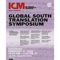 ICM Global South Translation Symposium Saturday, February 11, 2023, 10:45 am online.  Poster text on image of Arabic script. Content about speakers and text is repeated verbatim on article information