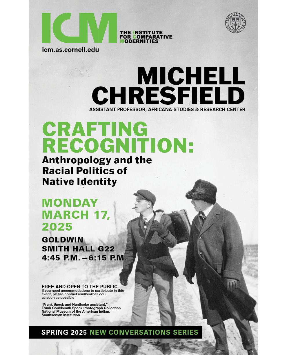 Michell Chresfield,   ICM NEW CONVERSATIONS SERIES     MICHELL CHRESFIELD (Assistant Professor, Africana Studies & Research Center)  “Crafting Recognition: Anthropology and the Racial Politics of Native Identity” poster with picture of two figures on the side of a desolate road