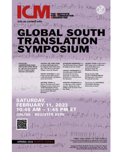 ICM Global South Translation Symposium Saturday, February 11, 2023, 10:45 am online.  Poster text on image of Arabic script. Content about speakers and text is repeated verbatim on article information
