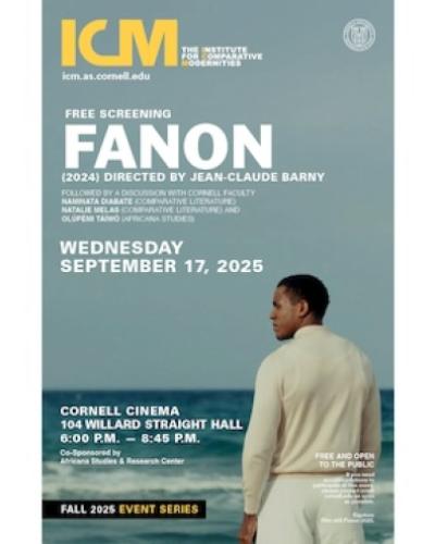 Fanon Free Screening poster with image of Fanon's profile as he stands near the ocean