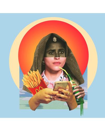 Image of deity holding soda, french fries, mobile phone