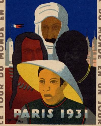 A 1931 poster showing a  man in a Chinese hat, an Arab in headdress, a Native American and an African